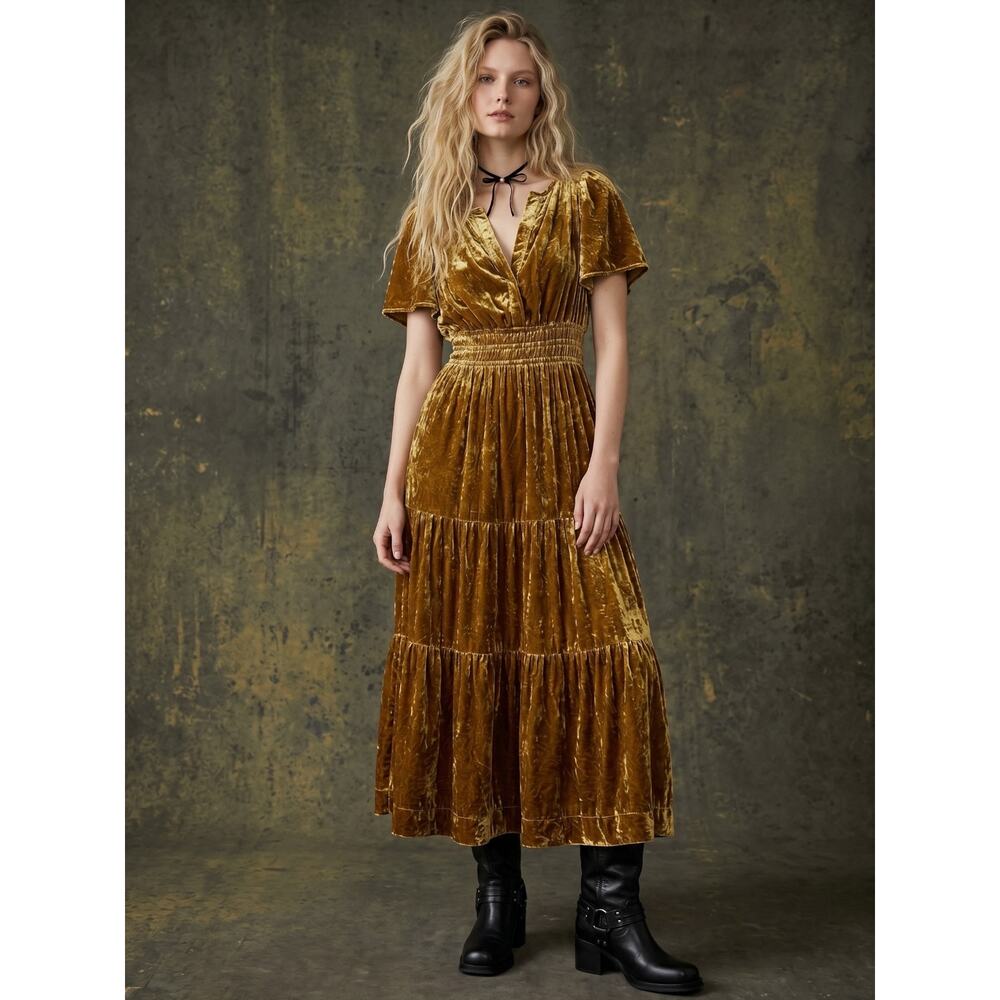 Anthropologie The Somerset Maxi Dress: Velvet Edition in Bamboo Brown Size XL